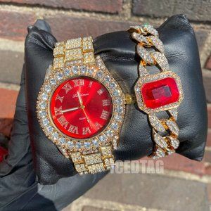 Iced Out Red Dial Roman Numeral Bling Luxury Unisex Watch, Ruby Red Bracelet Set